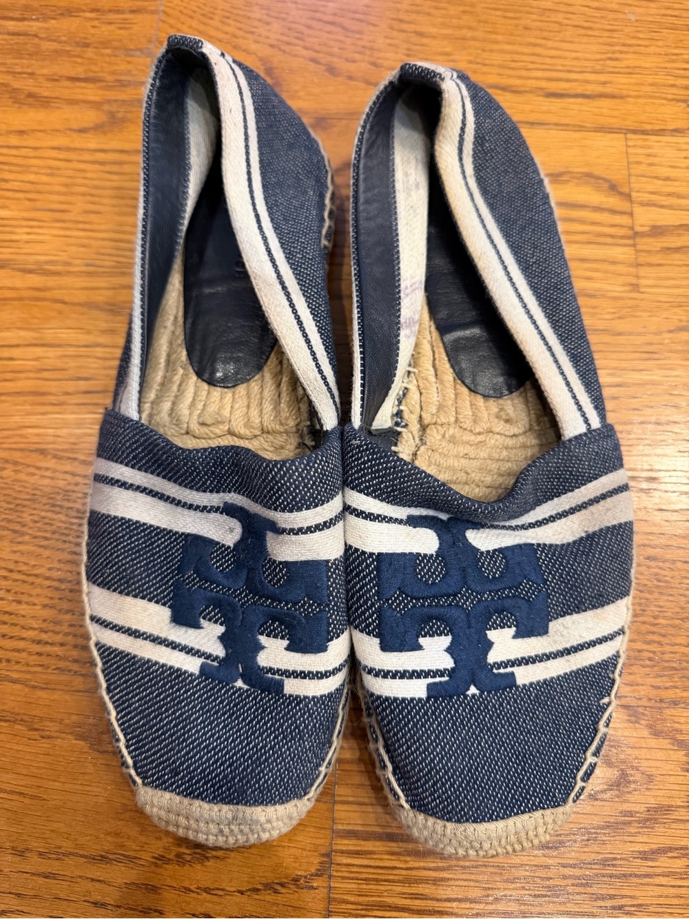 Tory Burch Navy and Cream Striped Canvas Espadrille Flats